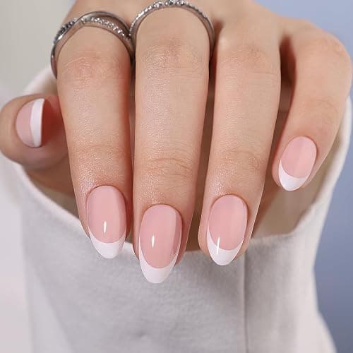 Findigit French Tip Press On Nails Almond - Natural Fake Nail Short with Glue,Supremely Fit & Natural Glue On Nails with Nail in 16 Sizes - 32 Nails Kit,White French thumbnail 8