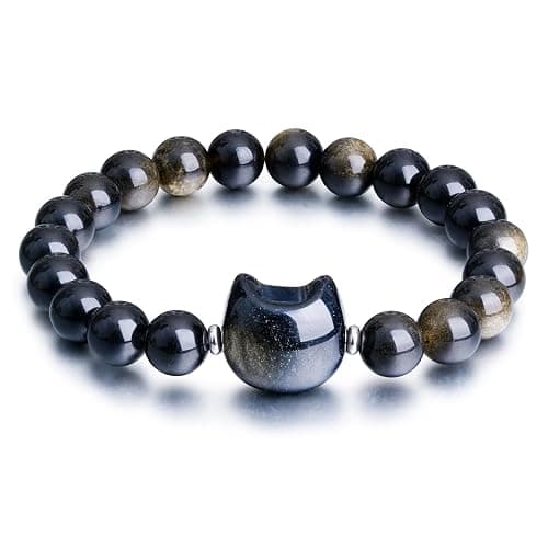 Beaded Bracelets for Women, Black Obsidian Money Attraction Bracelet, 8mm Healing Relax Anxiety Luck Crystal Bead Bracelets, Adjustable Jewelry Feng Shui Stretch Bracelet Cat Lover Gifts for Women Men - Image 1