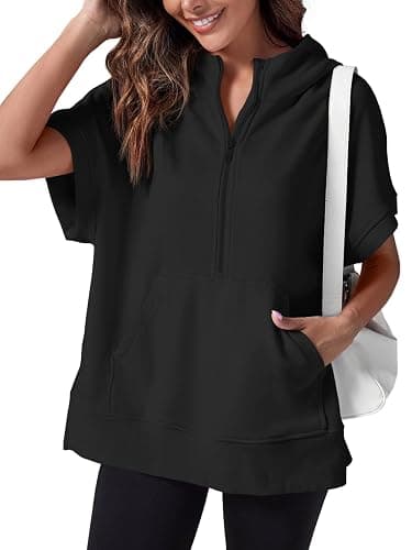 Fisoew Womens Oversized Half Zip Hoodies Short Sleeve Casual Sweatshirts Pullover Tops with Pockets - Image 1