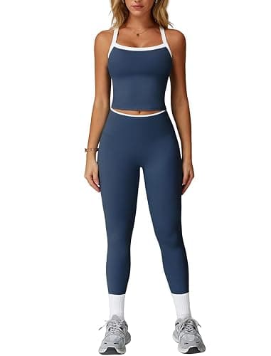 QBGJTD Womens Workout Sets Two Piece Cross Back Tank Top Matching High Waist Leggings Sets Gym Outfits Work Out Clothes - Image 1