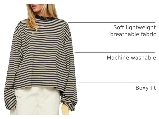 KOSUSANILL Striped Long Sleeve Shirt Women Oversized Baggy Crewneck Tshirt | Boxy Cropped Tee Tops Y2K Cute Preppy Sweatshirt Vintage Teen Girls Fall Pullover Top thumbnail 4