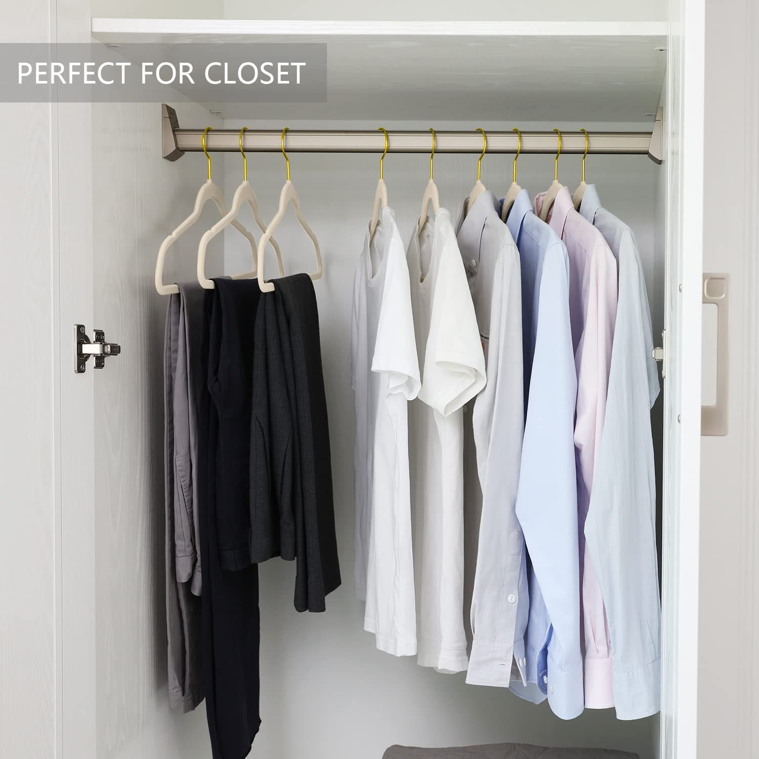 MIZGI Premium Velvet Hangers Pack 50 Pcs Heavyduty - Non Slip Slimline - Velvet Suit Hangers Ivory - Gold Hooks,Space Saving Clothes Hangers … thumbnail 7