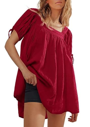 Tankaneo Womens Square Neck Babydoll Tops Summer Puff Short Sleeve Tunic Shirts Casual Loose Fit Blouse - Image 1