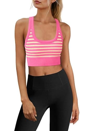 Yanekop Womens Yoga Sports Bra Longline Striped Workout Bras Supportive Scoop Neck Racerback Crop Athletic Tank Tops - Image 1