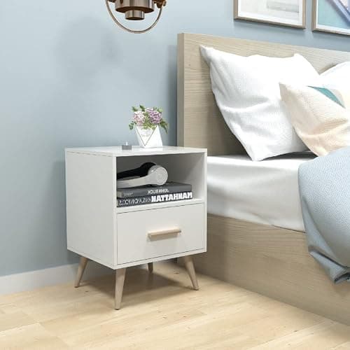 Mondeer Nachttisch, Nachtschrank mit 1 Schublade und 1 Offenem Fach, Holz Modern Nachtkommode mit Massivholzfüßen, Beistelltisch für Schlafzimmer Wohnzimmer, 40 x 35 x 51cm, Weiß thumbnail 2