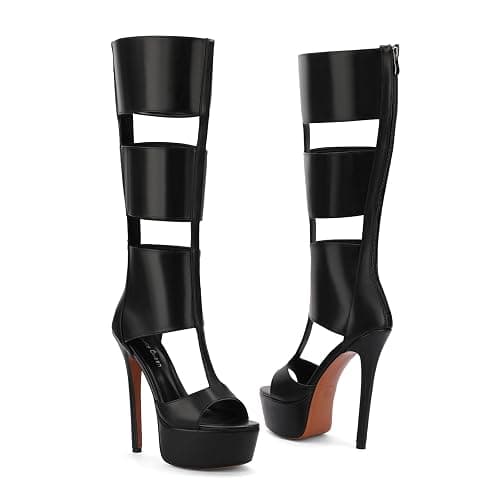 FancyQueen Platform Knee High Heels for Women, Gladiator Open Toe Summer Boots Black Heels Sandal, Sexy Style Casual for Party thumbnail 6