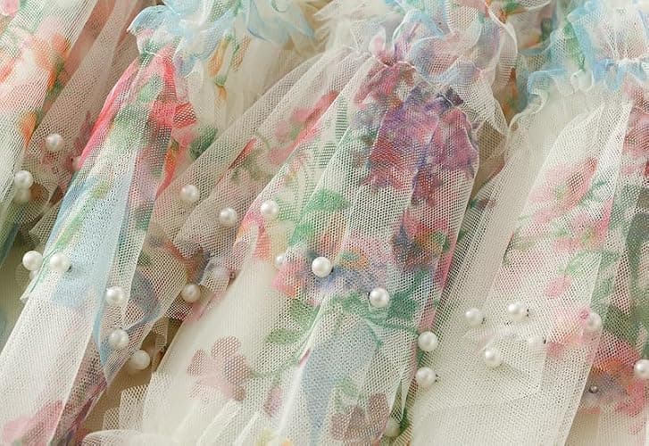CosSky Womens Floral Tulle Skirt with Beads Elastic High Waist Mesh Tutu A-Line Midi Skirts thumbnail 2