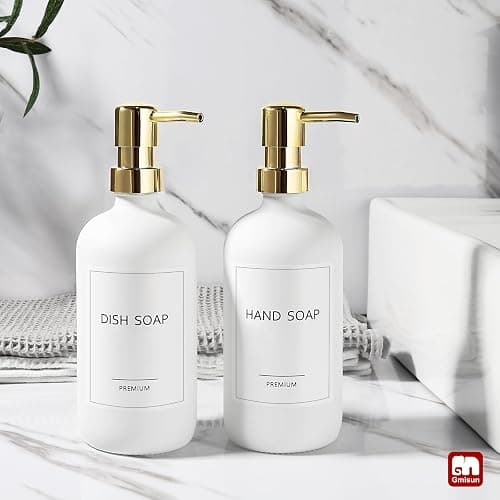 GMISUN White Soap Dispenser, 2 Pack Glass Hand Soap Dispensers Bathroom with Gold Pump, 17 Fl Oz Dish Soap Dispenser Set for Kitchen, Refillable Modern Liquid Soap and Lotion Dispensers Bottle thumbnail 2