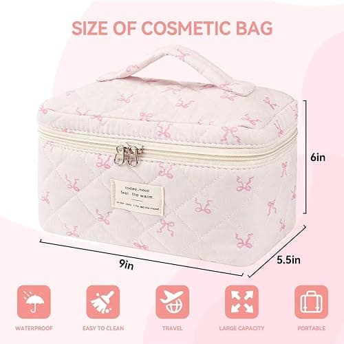 MZLUWM Large Travel Quilted Makeup Bag，Cute Bow Cotton cosmetic bag, Fashionable aesthetic makeup bag,Coquette Aesthetic Floral Travel Toiletry Bag for Women and Girls thumbnail 3