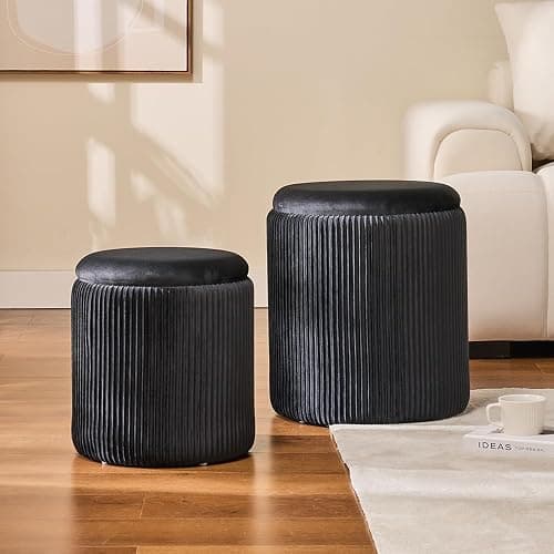 Round Set of 2 Ottoman with Storage-Upholstered Velvet Vanity Stool for Makeup Multifunctional Ottomans Coffee Table Padded Seat Foot Rest for Living Room&Bedroom (Black) thumbnail 7