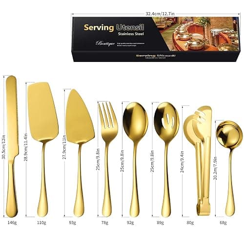 AARAINBOW Large Serving Utensils Set , 8 Pcs Metal Serving Cutlery Set for Parties, Stainless Steel Spoons Fork Tong Ladle for Buffet Catering, Hostess Chefs, Matte Gold thumbnail 3