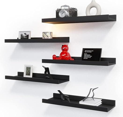 RICHER HOUSE 5 Set Floating Wall Mounted Shelves, Black Shelves for Wall Decor, Modern Picture Ledge Shelf with Lip for Storage, Nursery, Bedroom, Living Room, Bathroom - Black - Image 1