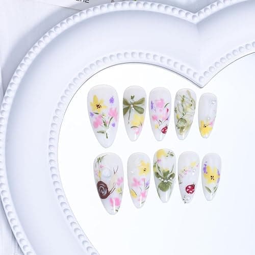 LBPEPAMZ 30Pcs Colorful Flower Press On Nails Medium Almond Fake Nails with 3D Water Drop Pearl Design Spring Summer Floral Gold Line False Nails Snails Dragonfly Butterfly Stick on Nails for Women thumbnail 4