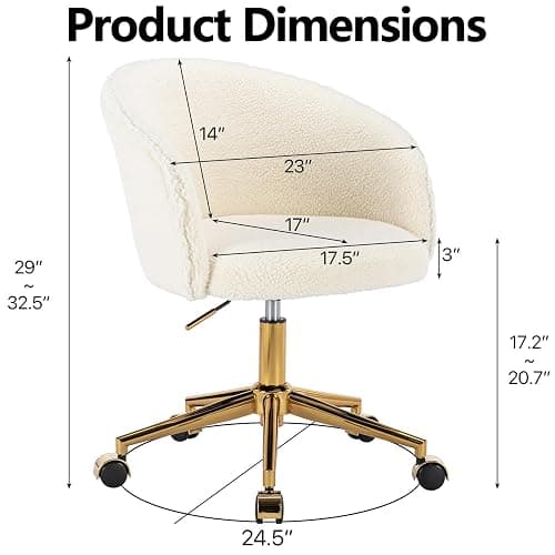Nahenduo Cute Vanity Chair with Back, Teddy Velvet Desk Chair with Wheels and Gold Legs, Modern Makeup Chairs for Vanity Bedroom Office, Adjustable High 360 Swivel (Teddy White) thumbnail 2
