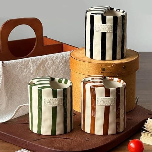 Retro Striped Ceramic Mark Hand-Painted Cup, Vintage Hand-Held Double-Enjoy Cup, Unique Ceramic Coffee Milk Tea Mug, Non Slip Hot Cold Drinks Mug, For Christmas Holiday Winter Gift (Black) thumbnail 4