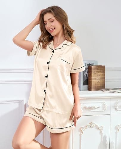 Brezzistaxs Satin Pajama Set for Women 2-Piece Satin PJ Set Button-Down Silk PJ Set - Classic Silky Pajama thumbnail 5