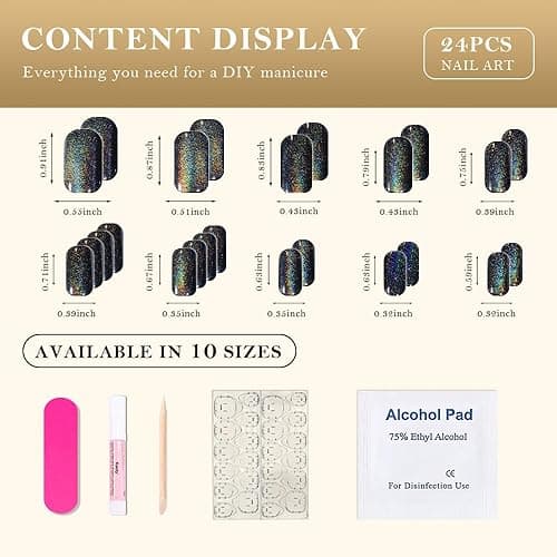 Black Chrome Cat Eye Medium Press on Nails Square, Medium Square Glue on Nails for Women Gift, Black Colorful Iridescent Metallic Glitter Glossy Reusable Summer Stick Gel Press on Acrylic Fake Nail thumbnail 6