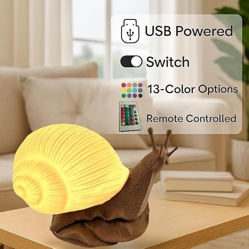 Delta Loom Glowing Snail LED Table Lamp - USB Powered, 15 Color Changing Modes, Dimmable Night Light with Switch - Warm White & Multicolor Lamp for Kids, Adults, Bedroom, Desk, and Gifts thumbnail 2