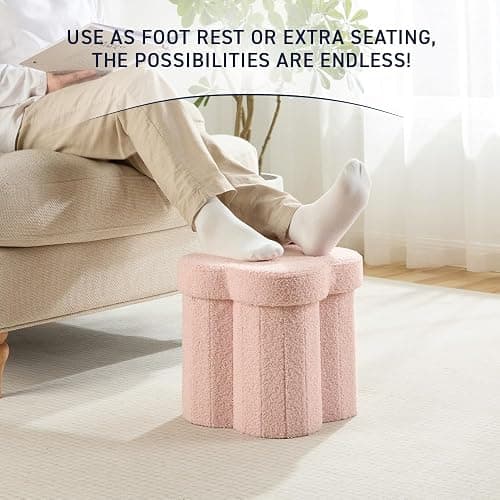 Ornavo Home Pink Boucle Storage Ottoman Cube – Flower-Shaped Footstool with Hidden Storage, Faux Teddy Fur Foot Rest for Living Room, Bedroom & Dorm, 12" Inch thumbnail 5