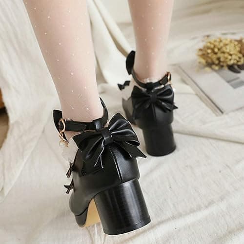 Parisuit Womens Mary Jane Chunky Heel Platform Pumps Bowtie Heart Strap Lace Kawaii Maid Shoes - 11.5 - Black thumbnail 5