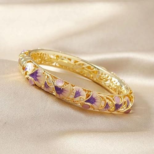 FcaLdqy Cloisonne Bracelet,Enamel Bracelet, Pink Purple Ginkgo Leaf Bracelets Traditional Cloisonne Enamel Ethnic Spring Hinged Cuff Bangles for Women thumbnail 5