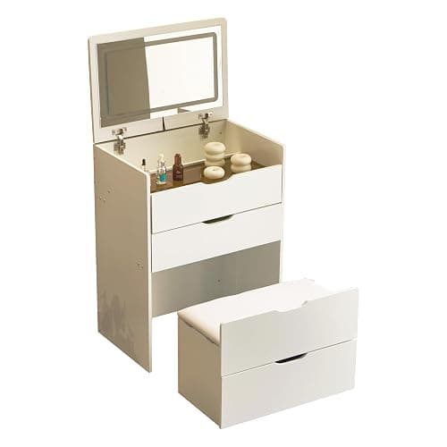 namitihome Elegant 3-in-1 Vanity Set 23.6" Desk with Flip Mirror, 3 Drawers Padded Stool Walnut Modern Bedroom Makeup Table(White, 23.6) thumbnail 7