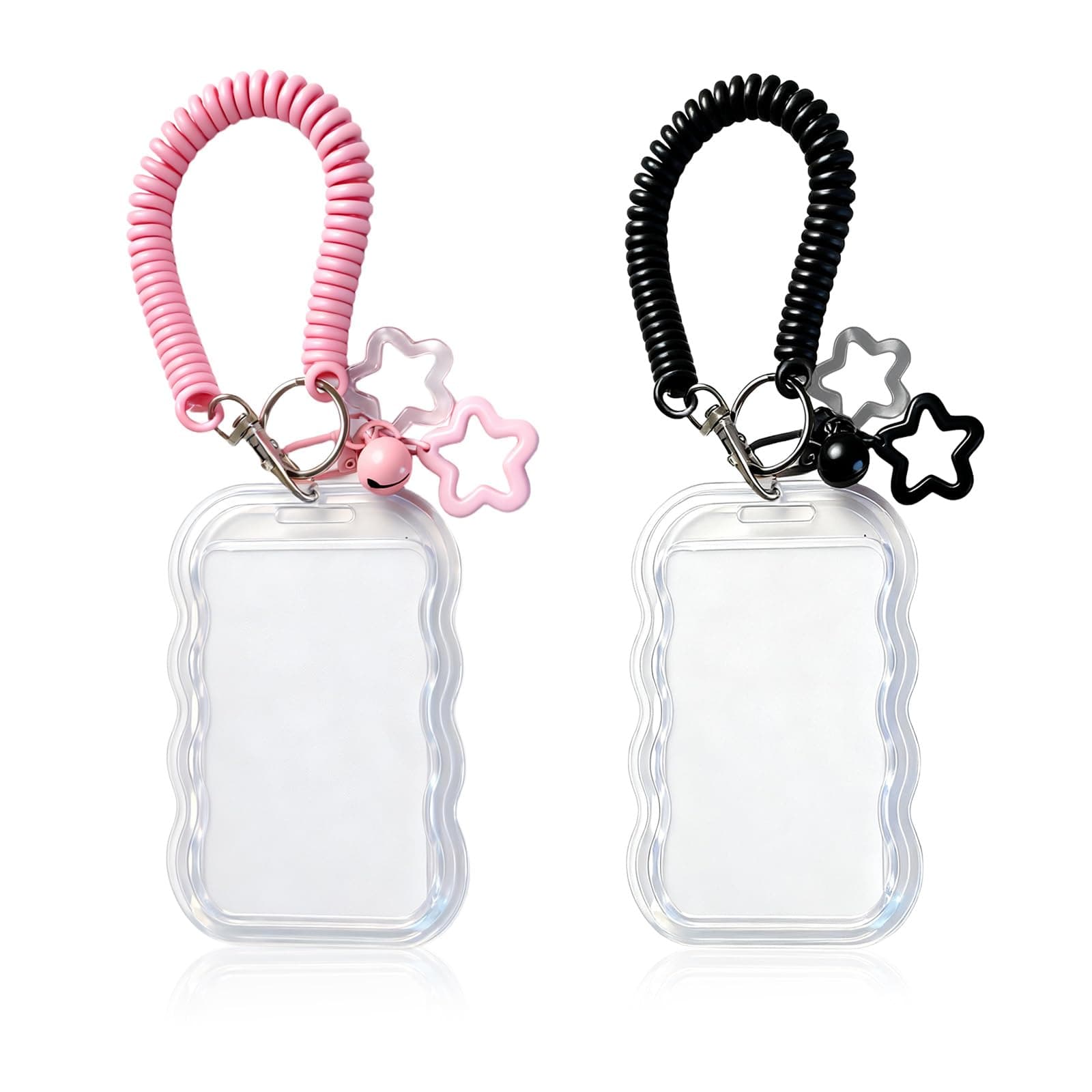 2 Pack Cute Photocard Holder Keychain Kpop Photo Card Holder, Transparent PC Holder with Star Wave Design for Bus Student Card, Creative Photo Protector Keychain - Image 1