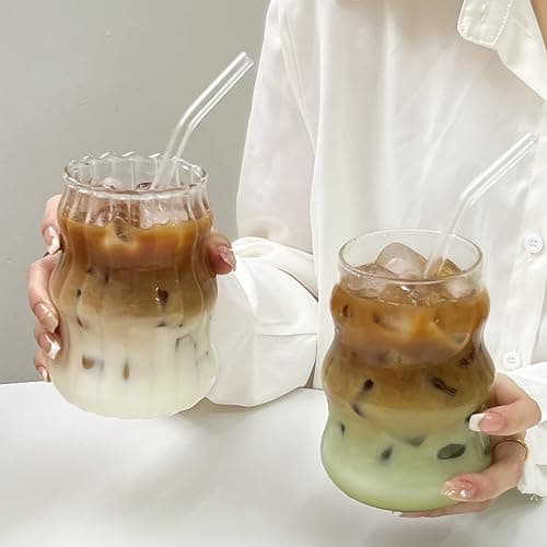 2 Pcs Ribbed Glass Cups, 18 Oz Vintage Drinking Glassware with Wave Shape Design, Bubble Cups for Iced Coffee, Juice, Beverage, Milk, Cocktails, Bubble Tea, and More thumbnail 8
