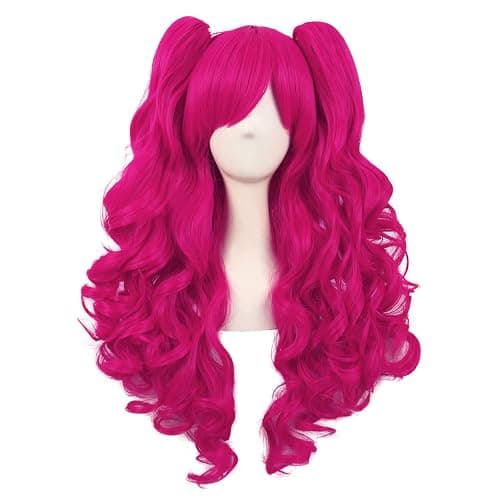 MapofBeauty Lolita Long Curly 2 Ponytails Clip on Cosplay Wig, Hot Pink | Wig 28 Inch/70 cm, Ponytail: 20 Inch/52 cm - Image 1