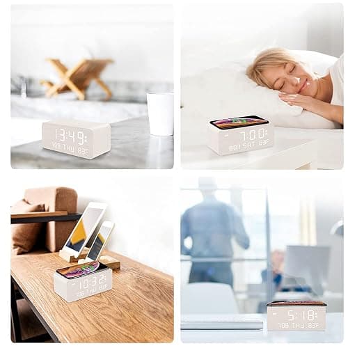 Andoolex Wooden Digital Alarm Clock with Wireless Charging, 0-100% Adjustable Brightness Dimmer and Volume, Weekday/Weekend Mode, Dual Alarm, Snooze, 12/24H, Wood LED Clock for Bedroom (White) thumbnail 8