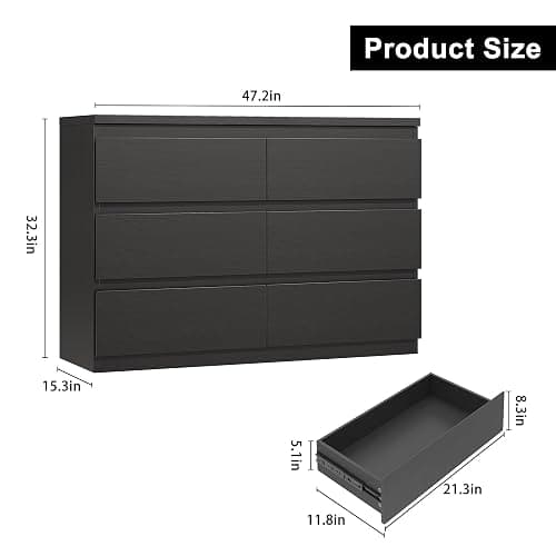 Jocoevol Black 6 Drawer Dresser for Bedroom, 15.3" D x 47.2" W x 32.3" H in Simply Modern Chest of Drawers, Wood Storage Double Dresser with Deep Drawers for Living Room, Hallway Entryway, Black thumbnail 2