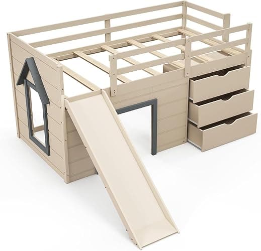 KOMFOTT Twin Low Loft Bed with 3 Storage Drawers & Underneath House, Wood Loft Bed with Slide, Ladder, Guardrails & Under-Bed Play Space, Kids Twin Loft Bed for Girls & Boys, No Box Spring Needed thumbnail 9