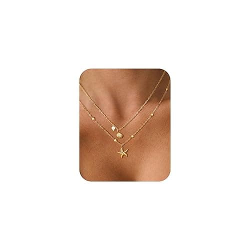 DAILI Shell Necklace for Women,14k Gold Plated Layered Starfish Conch SeaShell Pearl Pendant Charm Necklace,Non Tarnish Adjustable Stainless Steel Chain Stack Jewerly for Summer Beach Vacation