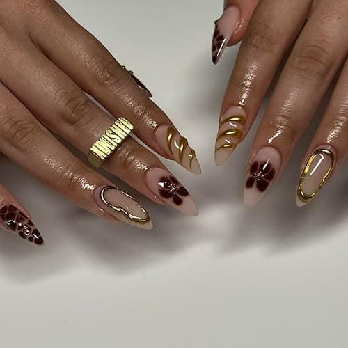 MERVF Almond Press on Nails Medium Fake Nails Brown French Tip Glue ons Fall Flower Acrylic Nail Gold Stiletto False with 3D Design Glossy 24pcs thumbnail 2