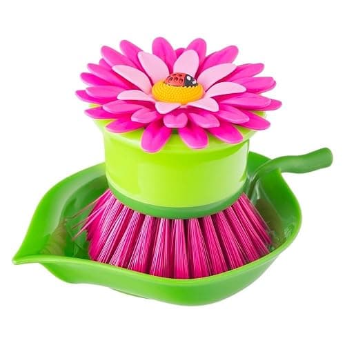 Vigar Flower Power Palm Dish Scrub Brush with Holder - Pink, Green | Kitchen Brushes for Dishes, Sink Brush, Cleaning Brushes for Household Use - Image 1