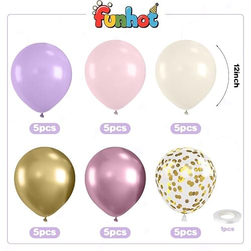 Pink and Purple Balloons,12 Inch Metallic Pink Light Purple White and Gold Baloons with Confetti Balloon for Girls Birthday Baby Shower Wedding Bridal Shower Party Decorations thumbnail 3