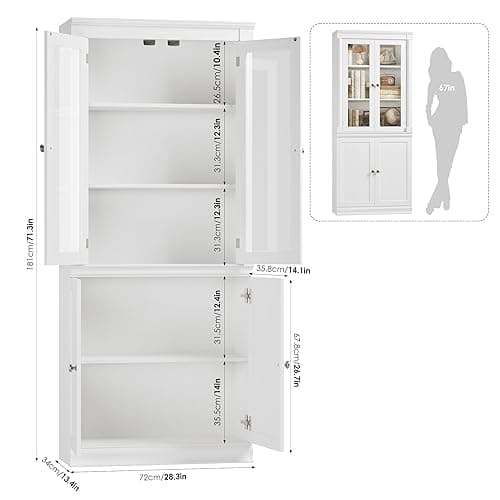 FACBOTALL 71.3'' Tall Bookcase with Glass Doors, Farmhouse Book Shelf with Adjustable Shelf, Tall Bookshelf with Storage, Bookshelves and Bookcases with 5 Tier Display Storage for Living Room, White thumbnail 3