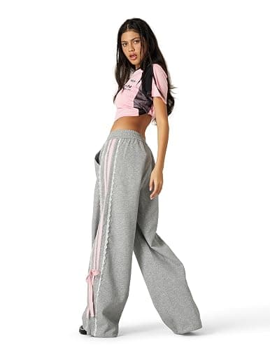 Aelfric Eden Lace Stripe Patchwork Sweatpants Casual Baggy Pant for Women Wide Leg Elastic Drawstring Trousers thumbnail 5