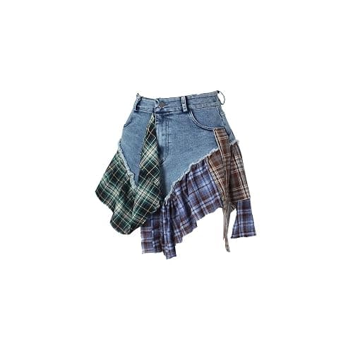 Gothic European and American Women's Clothing, Sexy Irregular Plaid Skirt, Design Sense Patchwork Denim Short Skirt - Image 1