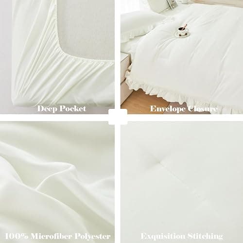 ANGIYUIN 5Pcs Full Szie Comforter Set Ivory Ruffle Bed in A Bag with Sheets Beige Farmhouse Aesthetic Bedding Comforter Set Soft Fluffy Bed Sets for Kids Teens(Ivory Full) thumbnail 8