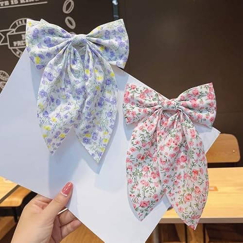 SALOCY Chiffon Hair Bows for Women Girls,4 PCS Barrette Hair Clip Long Black Ribbon Bows French Style Hair Accessories for Summer (Pink,Yellow,Blue,Purple) thumbnail 6