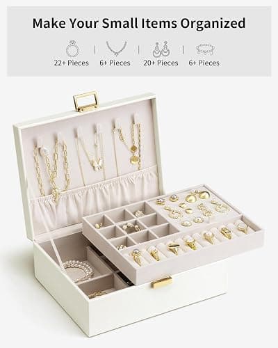 Vlando 2 Layer Jewelry Box Large Jewelry Organizer for Women Removable Jewelery Tray for Necklace Earrings Rings Bracelets Jewelry Boxes for Women Gift (White) thumbnail 5
