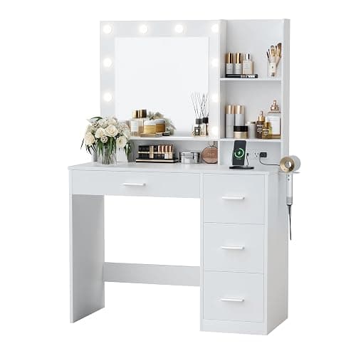 Furmax Vanity Desk with LED Lighted Mirror&Power Outlet, 39.3’’ Makeup Vanity Table with 4 Drawers and 3 Storage Shelves, Adjustable 3 Lighting Colorfor Bedroom&Dressing Room (White) thumbnail 7