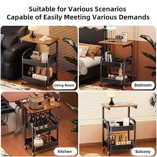 3 Tier Metal Rolling Utility Cart Organizer with Walnut Table Top, Stable and Sturdy Rolling Storage Carts with 2 Lockable Wheels for Kitchen，Bathroom，Snacks，Coffee，Craft，Makeup，Baby Essentials thumbnail 7