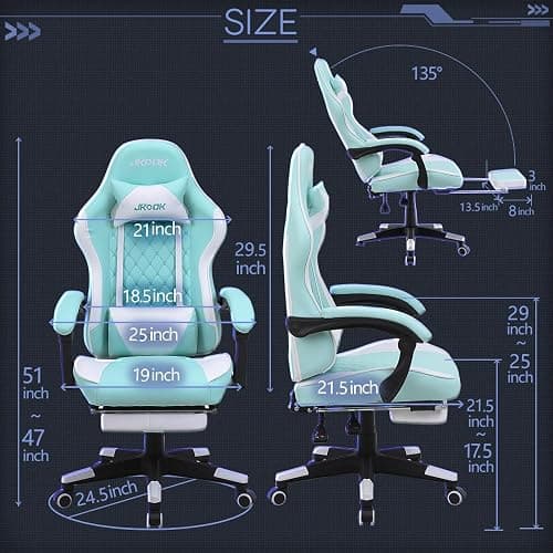 JKOOK Gaming Chair with Footrest, Multifunctional Desk Chair with Linkage Armrest, PU Leather, Video Game Computer Chairs with Lumbar Support, Study,Game,Office,JK08 (Mint Green) thumbnail 2