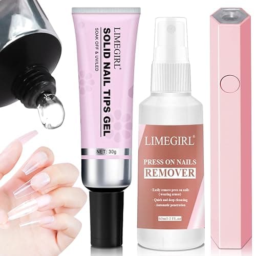 LIMEGIRL Solid Nail Glue Gel Kit with UV Lamp & Remover - Nail Glue Remover for Fake Nail, Strong Solid Nail Glue, Long-lasting 30+ Days with UV Light, Salon Professional Bundle for Press on Nails - Image 1