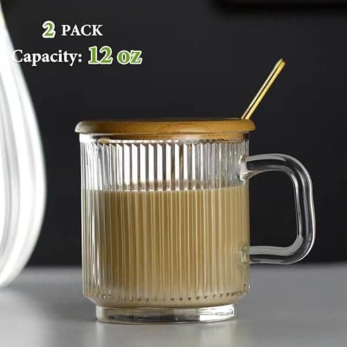 Mfacoy 2 PACK Glass Coffee Mugs with Handle & Spoon, 12 OZ Glass Coffee Cups with Bamboo Lid, Ribbed Glass Cups, Clear Tea Cup for Hot/Cold Beverages, Glassware Set for Americano, Latte, Cappuccino thumbnail 2