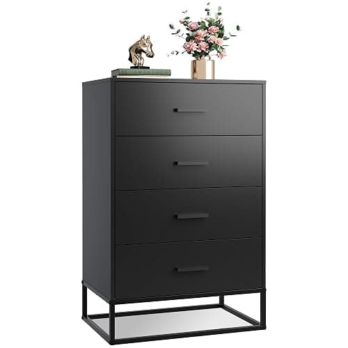 WLIVE Black Dresser for Bedroom with 4 Drawers, Tall Wood Dresser with Sturdy Metal Frame, Wooden Chest of Drawers for Hallway, Living Room, Closet - Image 1