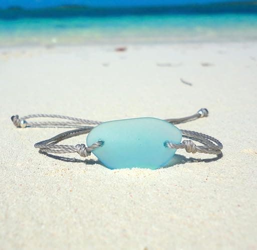 Sea Stamped Sea Glass Adjustable Bracelet-Made From Recycled Glass-Light Blue Free Form Sea Glass Piece with Waterproof Gray Thread-Unique Gift thumbnail 7