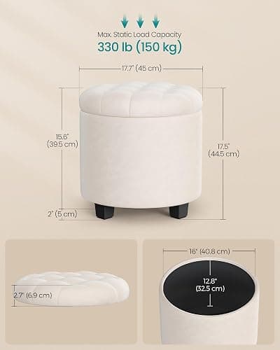 SONGMICS Round Ottoman, Ottoman with Storage, 17.7 x 17.7 x 17.5 Inches, Foot Rest with Legs, Velvet, Load up to 330 lb, for Living Room, Bedroom, Cream White ULOM012W01 thumbnail 3